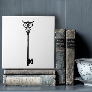 Tribal Owl Skeleton Key Black White Gothic Ceramic Tile