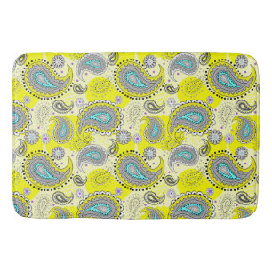Tribal Paisley Pattern Lemon Yellow Turquoise  Bath Mat