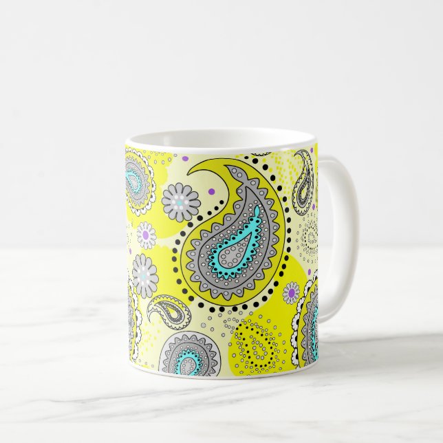 Tribal Paisley Pattern Lemon Yellow Turquoise  Coffee Mug (Front Right)