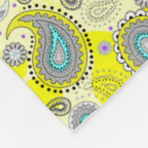 Tribal Paisley Pattern Lemon Yellow Turquoise Fleece Blanket