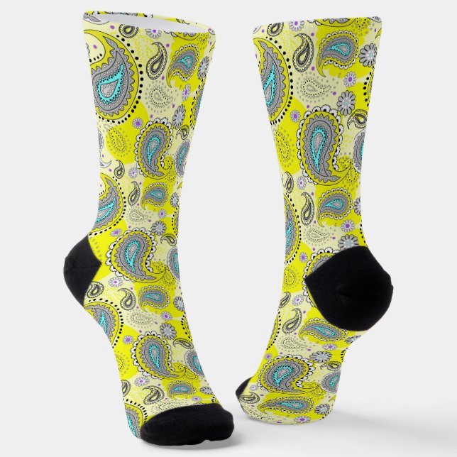 Tribal Paisley Pattern Lemon Yellow Turquoise  Socks (Angled)