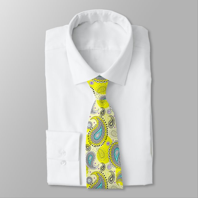 Tribal Paisley Pattern Lemon Yellow Turquoise  Tie (Tied)