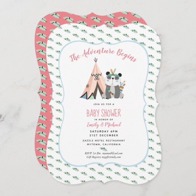 Tribal Panda Baby Girl Shower Invitation (Front/Back)