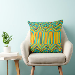 Tribal Pattern Blue Gold Square Throw Cushion