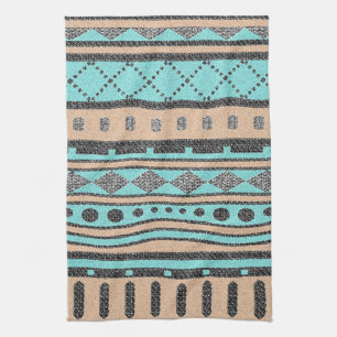 Tribal Pattern Peach And Turquoise Tea Towel