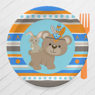 Tribal Patterned Woodland Bear Party Paper Plates