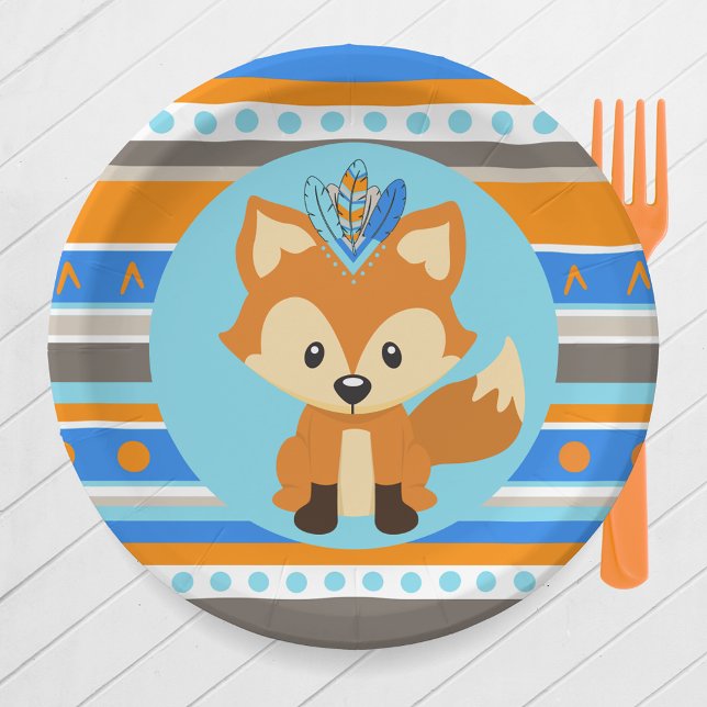 Tribal Patterned Woodland Fox Party Paper Plates (Tribal Woodland Forest Fox Party Paper Plates in Royal Blue, Baby Blue. Orange, Brown & Tan)