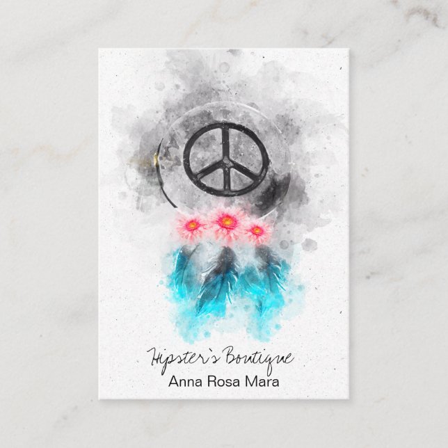 *~* Tribal Peace Sign Feathers Flowers Boho Grunge Business Card (Front)