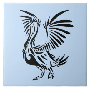 Tribal Pelican Art on Blue Ceramic Tile
