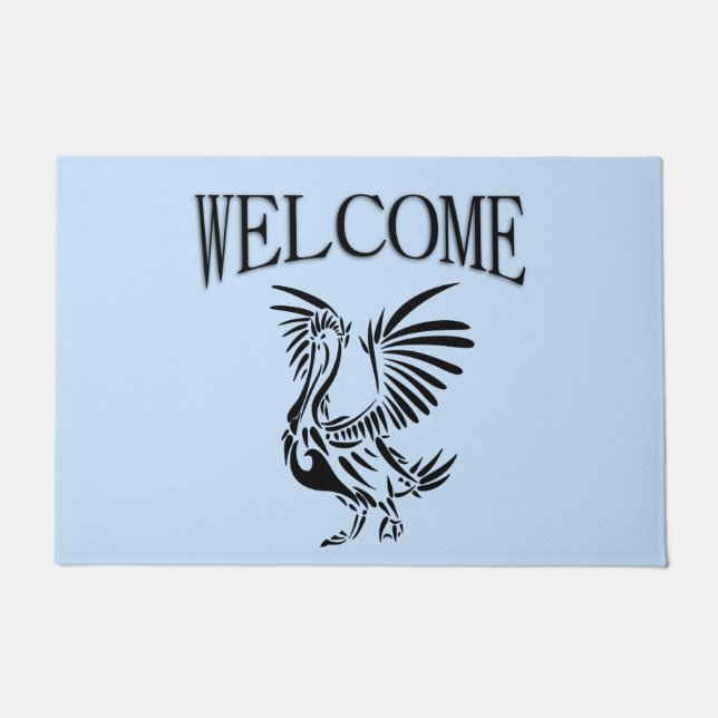 Tribal Pelican Art on Blue Doormat (Front)