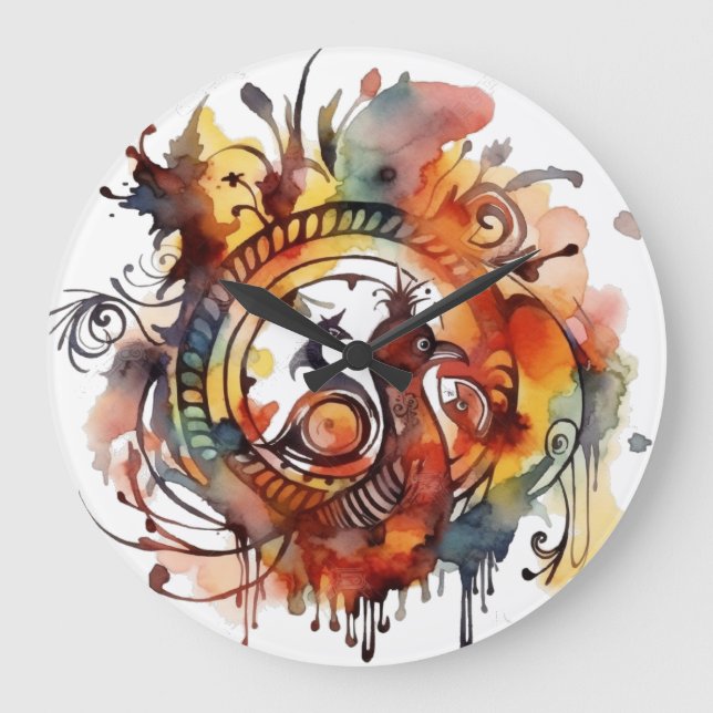 Tribal Phoenix Watercolor Mandala Large Clock (Front)