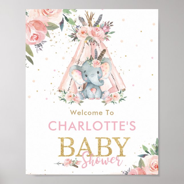 Tribal Pink Floral Elephant Baby Shower Welcome Poster (Front)