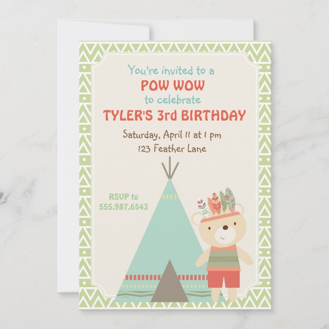 Tribal Pow Wow Bear Birthday Invitation (Front)