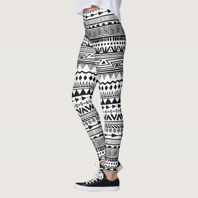 Tribal Print Black and White Aztec Pattern Boho Leggings (Left)