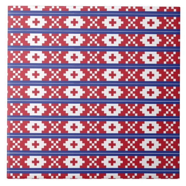 Tribal red, blue, and white folk art pattern tile (Front)