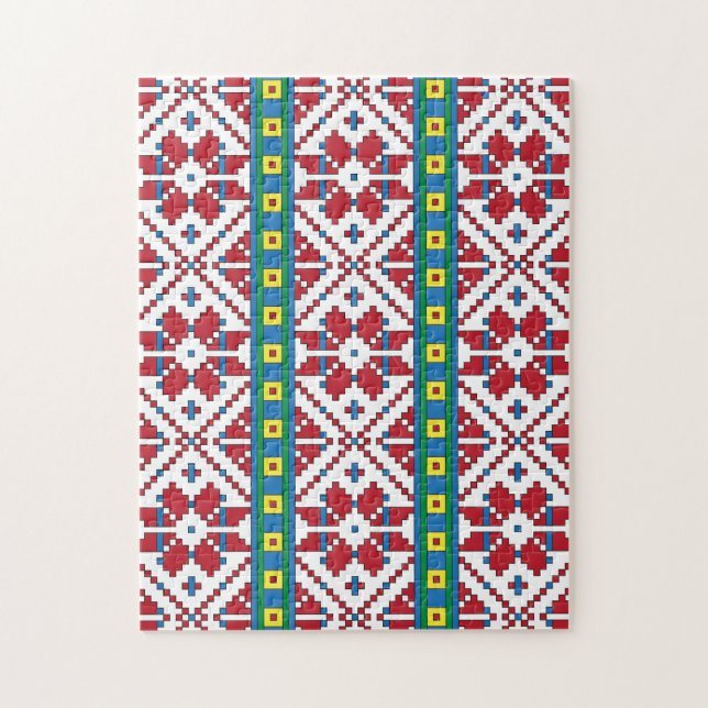 Tribal red, blue, and white star geometric pattern jigsaw puzzle (Vertical)