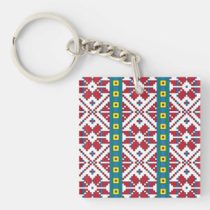 Tribal red, blue, and white star geometric pattern key ring