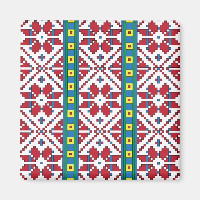 Tribal red, blue, and white star geometric pattern magnet (Front)