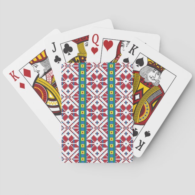 Tribal red, blue, and white star geometric pattern playing cards (Back)