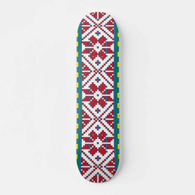 Tribal red, blue, and white star geometric pattern skateboard (Front)