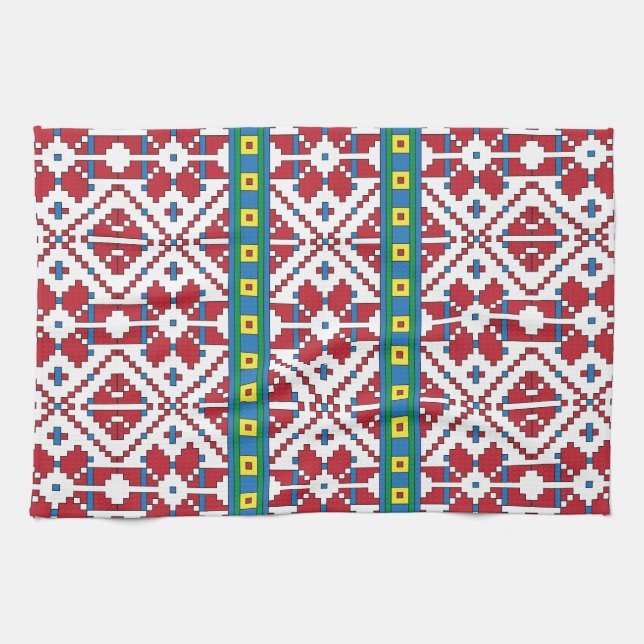 Tribal red, blue, and white star geometric pattern tea towel (Horizontal)