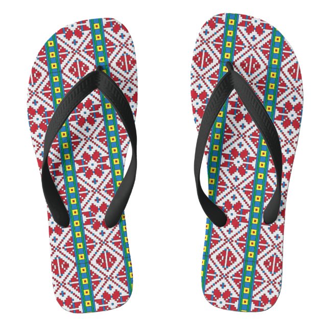 Tribal red, blue, and white star geometric pattern thongs (Footbed)