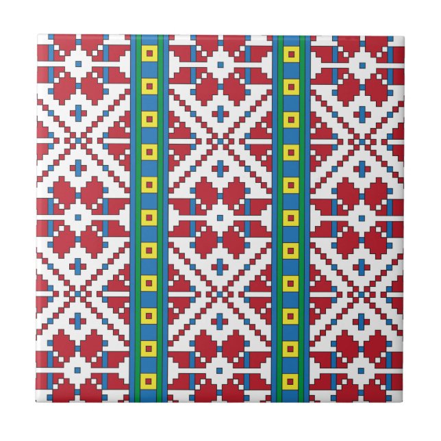Tribal red, blue, and white star geometric pattern tile (Front)