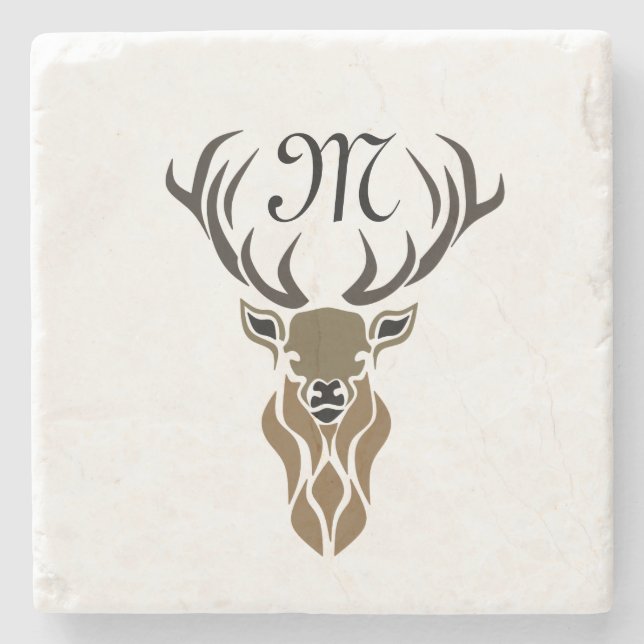 Tribal Red Stag Monogram Stone Coaster (Front)
