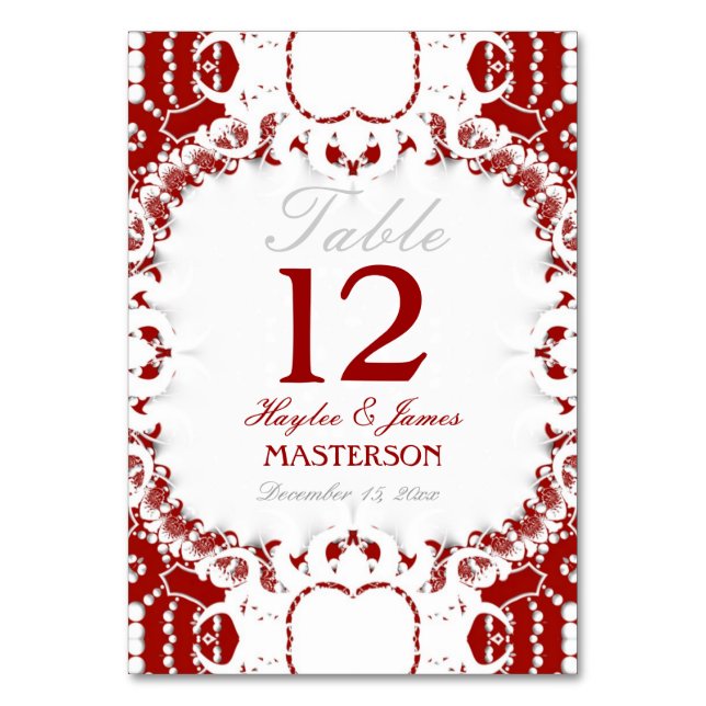 Tribal Red White Lace Wedding Table Number Card (Front)