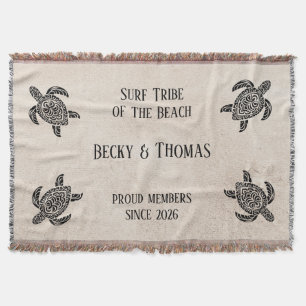 Tribal Sea Turtles on Beach, Text and Couple Throw Blanket