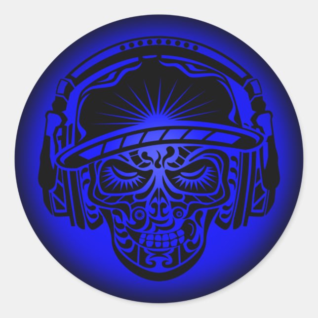 TRIBAL SKULL BLUE CLASSIC ROUND STICKER (Front)