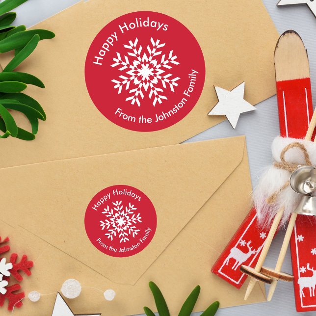 Tribal Snowflake Geometric Christmas Red Classic Round Sticker (Available in two sizes. The texts and background color are customizable.)