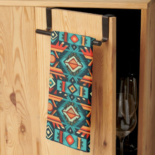 Tribal Southwestern Pattern Blue And Orange Tea Towel