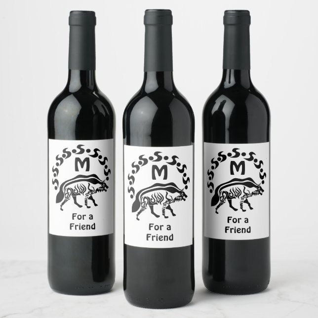 Tribal Striped Hyena Monogram Wine Label (Bottles)