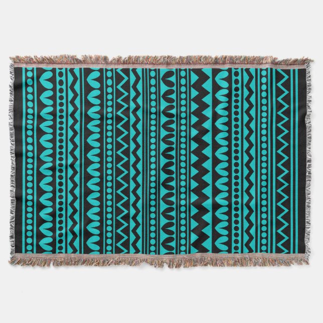 Tribal Style - Black on Deep Turquoise Throw Blanket (Front)