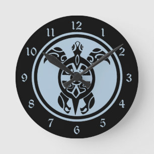 Tribal Style Sea Turtle in Black with Ice Blue Round Clock
