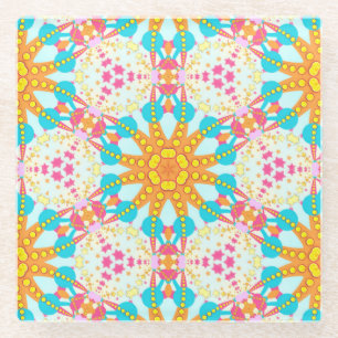Tribal Sunshine Aqua Pink Gold Geometric Pattern Glass Coaster