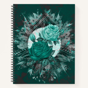 Tribal Teal Marble Roses Notebook