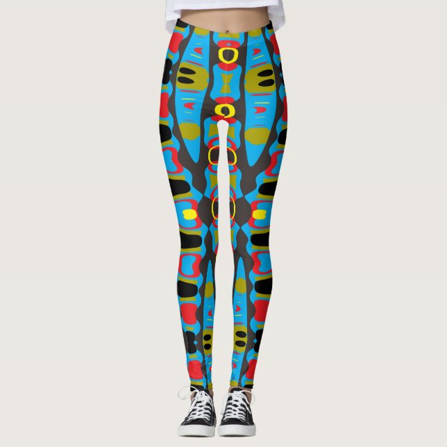 Tribal Tech Pop Leggings – Electric Blue & Neon Fu (Front)