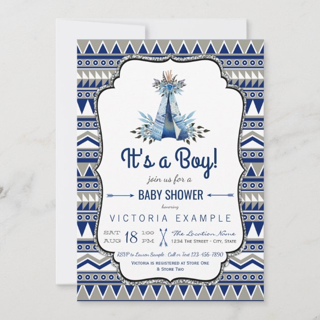 Tribal Teepee Blue Grey Boys Boho Baby Shower Invitation (Front)