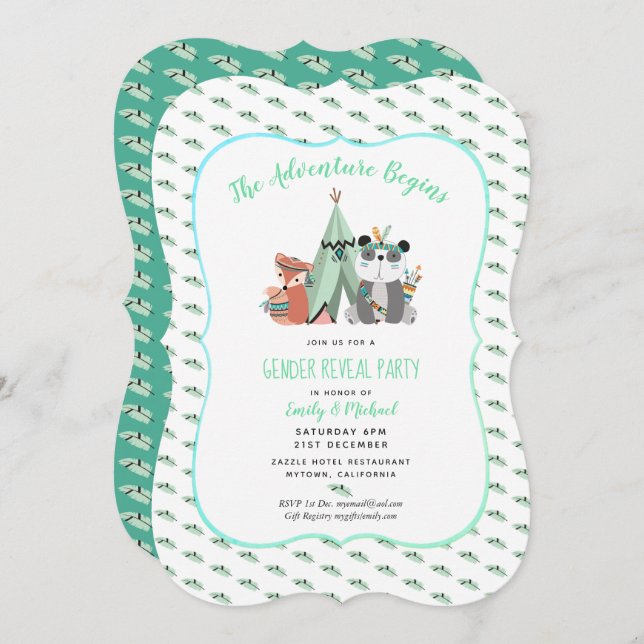 Tribal TeePee Gender Reveal Boy Mint Invitation (Front/Back)