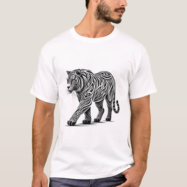Tribal Tiger Art - Bold Black and White Illustrati T-Shirt (Front)