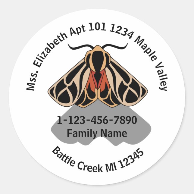 Tribal Tiger Moth Home Address and Phone Classic Round Sticker (Front)