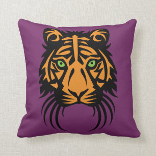 Tribal Tiger Tattoo Black Orange on Purple Pillow