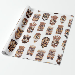 Tribal tiki mask with wooden guise pattern wrapping paper