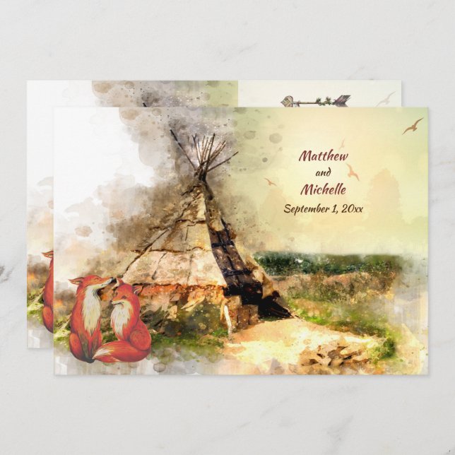 Tribal Tipi and Foxes in Love Boho Teepee Wedding Invitation (Front/Back)