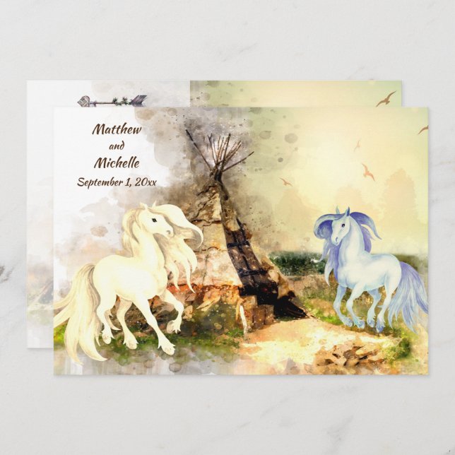Tribal Tipi and Horses in Love Boho Teepee Wedding Invitation (Front/Back)