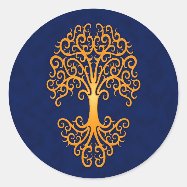 Tribal Tree of Life Golden Blue Classic Round Sticker (Front)