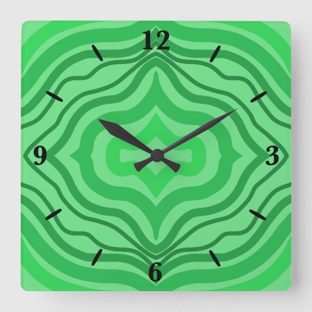 Tribal Tropical Wavy Green Lines Geometric Art Square Wall Clock (Front)