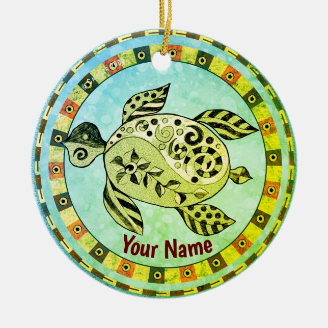 Tribal Turtle Ceramic Ornament (Front)